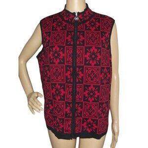 Sweater Vest Womens Size 2X Red Black Geometric Floral Print Full Zip mock neck